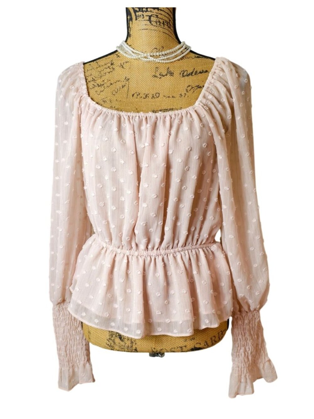 Do+Be Womens S Pink Peplum Blouse Swiss Dot Smocked Lng Slvs Fairy Cottagecore